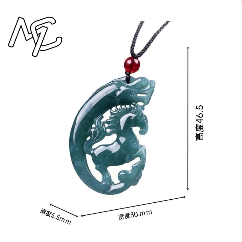 Real Natural Myanmar Emerald Blue Water Jade Hollow-out Horse Card Pendant Necklace Carved Jewelry Fashion Amulet Certificate