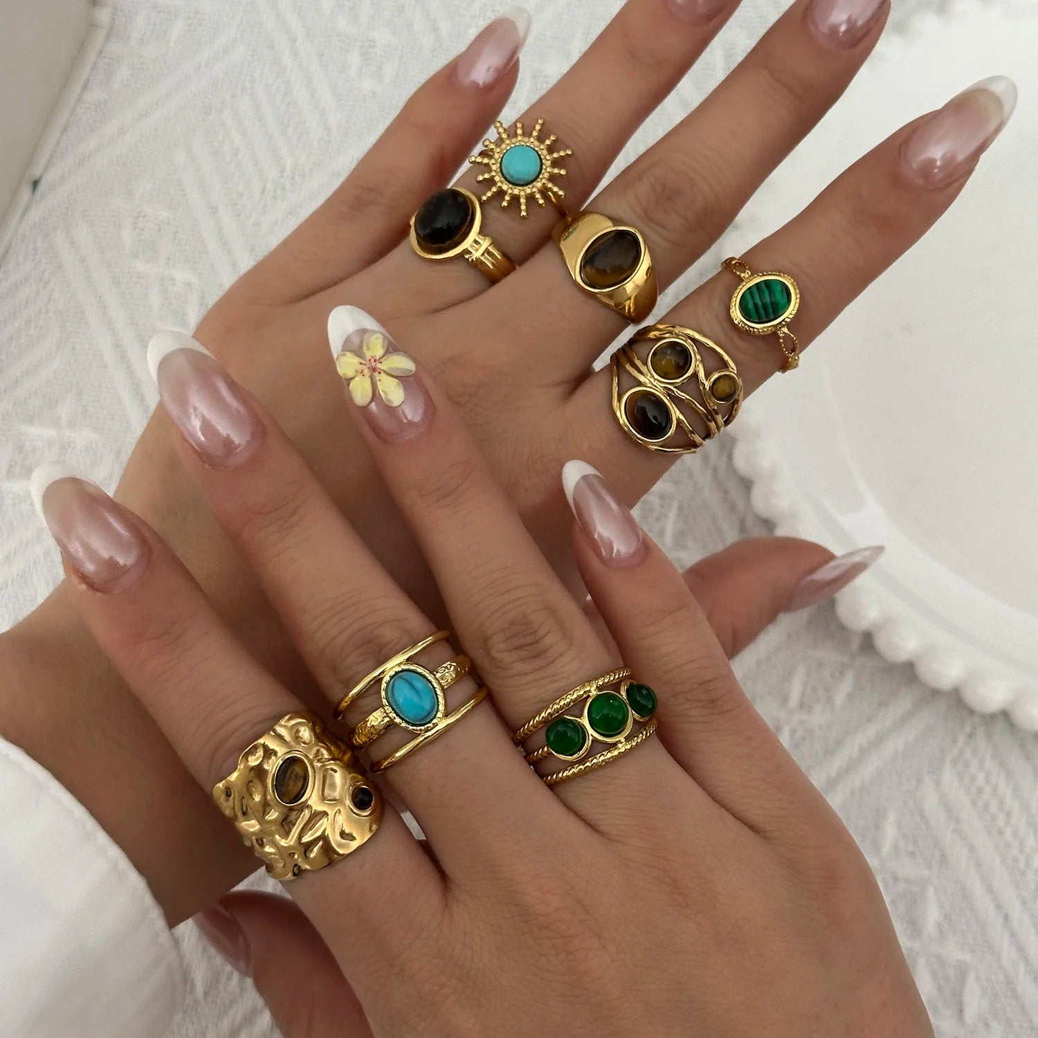 Vintage Boho Turquoise Tiger Eye Stone Rings For Women Stainless Steel Natural Stone Open Finger Ring Party Aesthetic Jewelry
