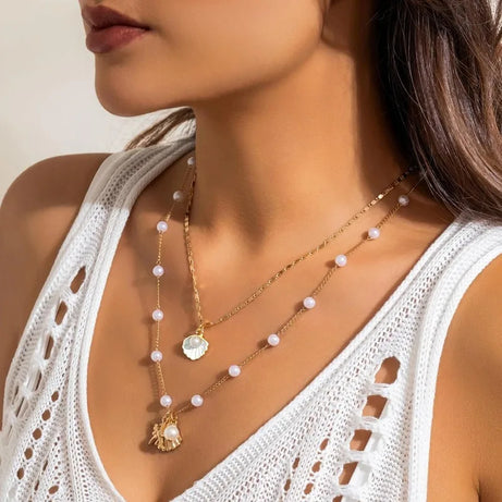 Gold Seashell and Starfish Layered Pendant Necklace