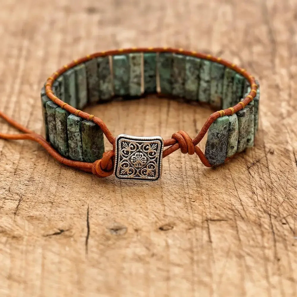 Women Men Boho Leather Wrap Bracelet & Bangle Natural Amazonite Stone Beaded Bohemia Charm Bracelet Handmade Jewelry Gift