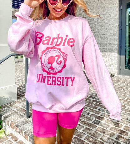 Barbie English Hoodie Fashion Ladies Soft Loose Round Neck Sweater Y2K Girls All Match Long Sleeve Tops Coat Sweatshirt Gifts