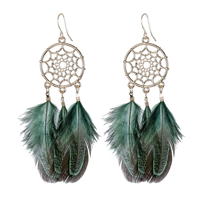Bohemian Ethnic Round Green Rice Bead Feather Earrings for Women Retro Simple Temperament Dangle Earrings Party Wedding Jewelry - Charlie Dolly