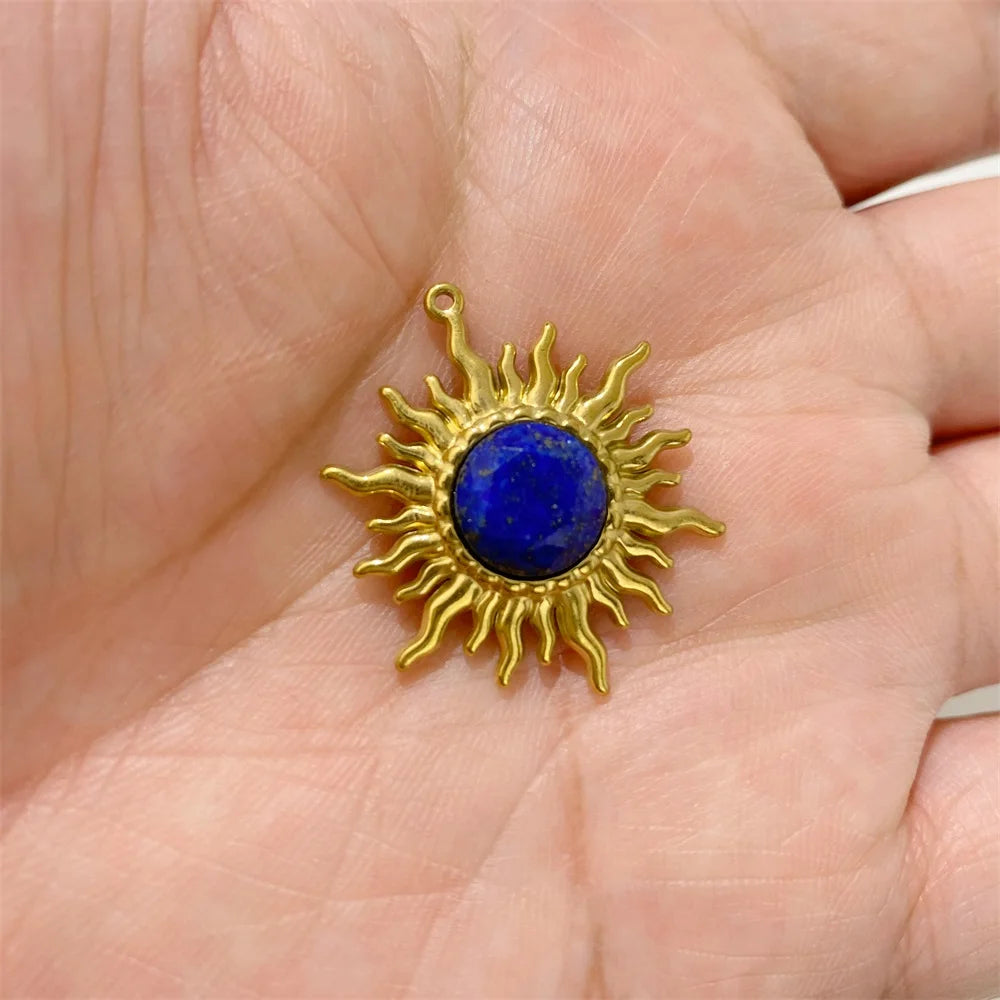2pcs 25x30mm Gold Color Sun Shape Natural Stone Pendant Inlaid with Lapis Lazuli Gem Charm for Jewelry Making Necklace Earring