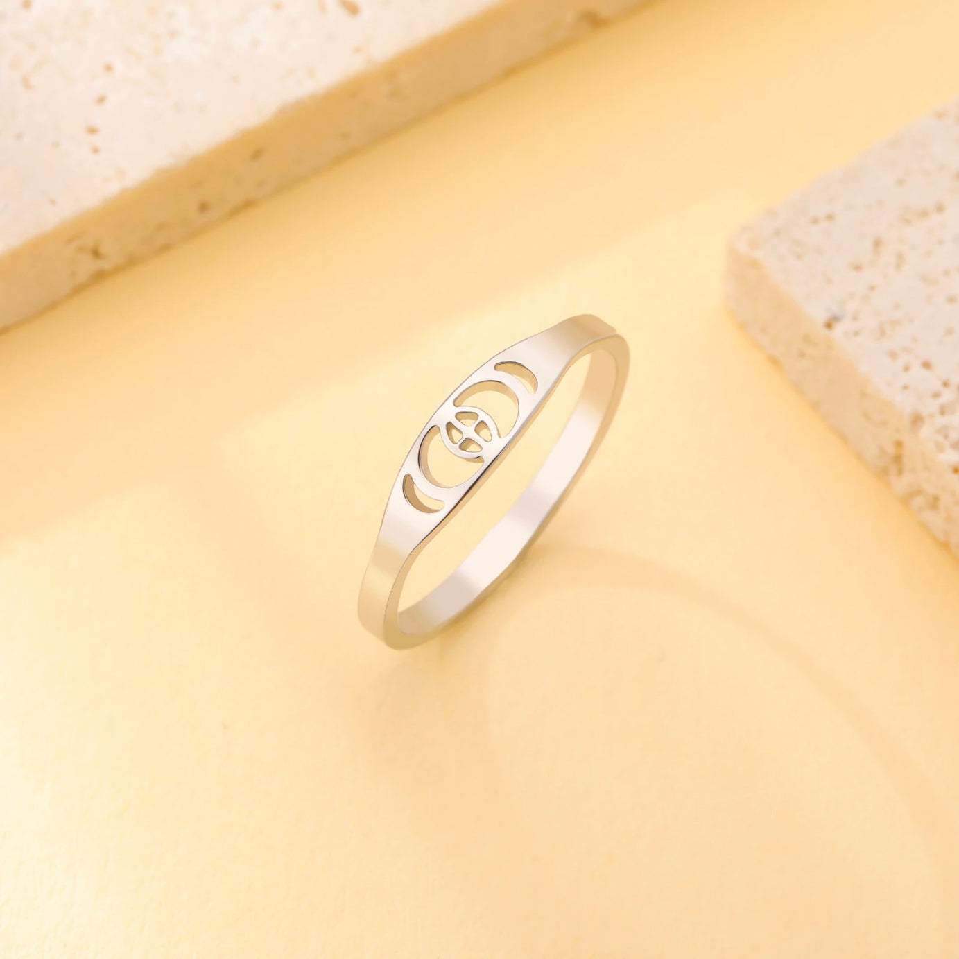 Crescent Moon Phase Ring, Stainless Steel Trendy Celestial Band Talisman