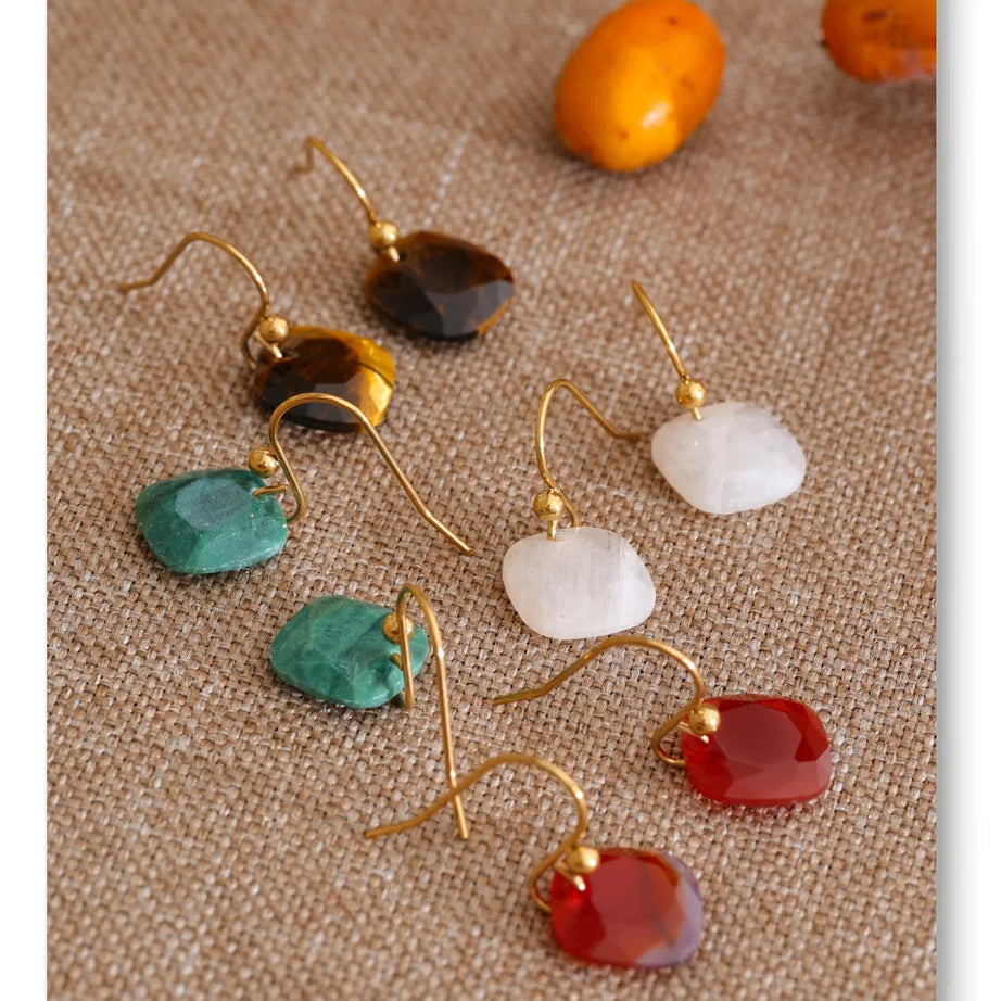 Natural Stone Square Drop Earrings, Tiger Eye Agate 14K Gold-Plated Stainless Steel Jewelry