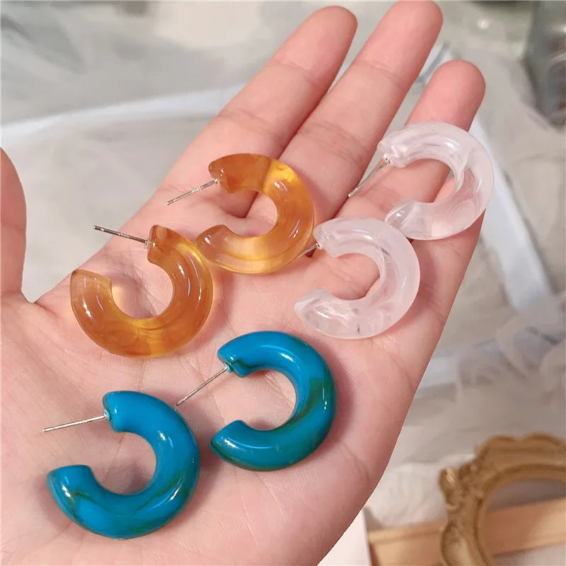 Korean Fashion C-Shape Resin Hoop Earrings for Women New Multicolor Geometric Circle Acrylic Earring Hoops Boho Jewelry Gifts