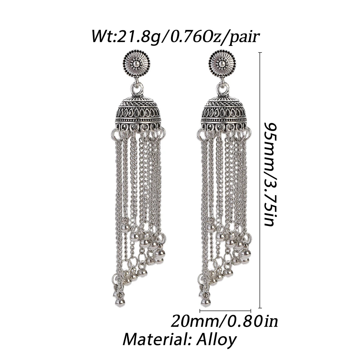 Ethnic Silver Color Long Metal Chain Tassel Earrings Female Retro Round Bell Dangle Earrings Boho Geometric Piercing Ear Jewelry