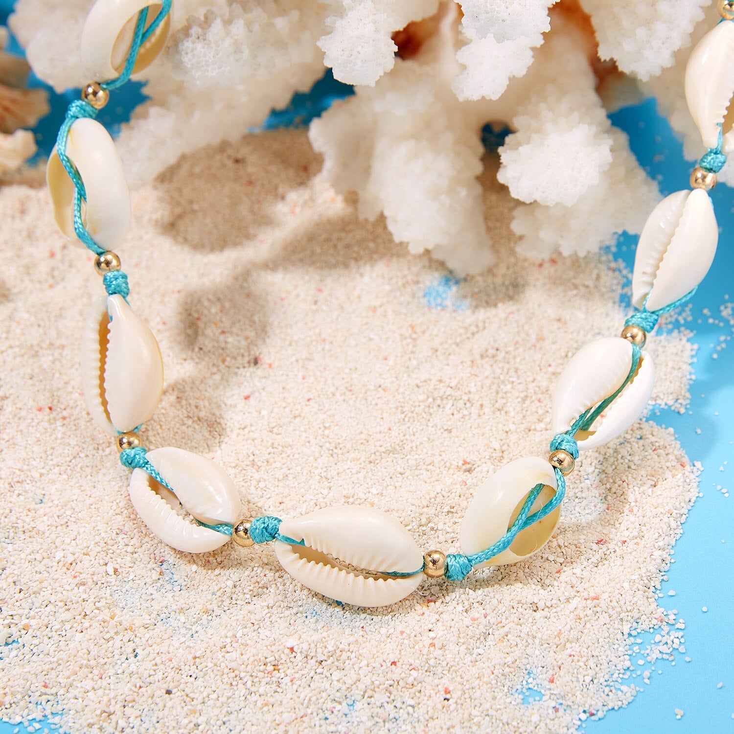 Bohemian Natural Shell Necklace &amp; Bracelet Set for Women Fashion Hand Braided Adjustable Necklace Charm Summer Vacation Jewelry - Charlie Dolly