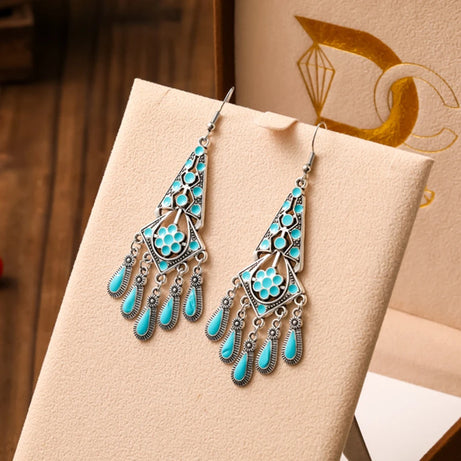Blue Enamel Feather Crystal Long Earrings Jewelry