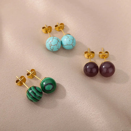1 Pair Natural Stone Stud Earrings For Women Men Round Turquoises Tiger Eye Lapis Lazuli Beads Earring Fashion Jewelry Gift - Charlie Dolly