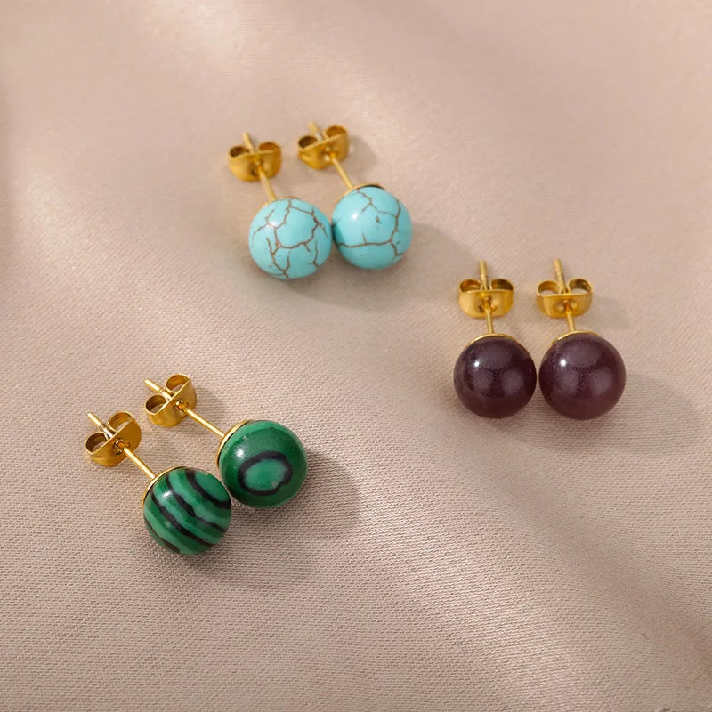 1 Pair Natural Stone Stud Earrings For Women Men Round Turquoises Tiger Eye Lapis Lazuli Beads Earring Fashion Jewelry Gift