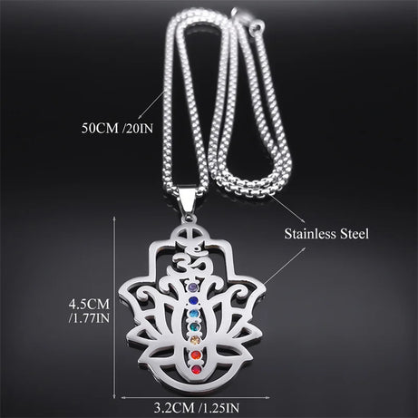 Seven Chakra Om Lotus Flower Pendant Necklace, Stainless Steel Yoga Healing Amulet