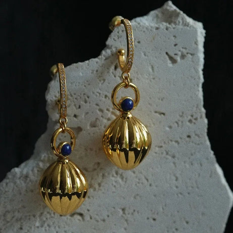 Nutmeg series original design retro artistic lapis lazuli earings long Ancient gold crafts glossy earrings for women jewelry - Charlie Dolly