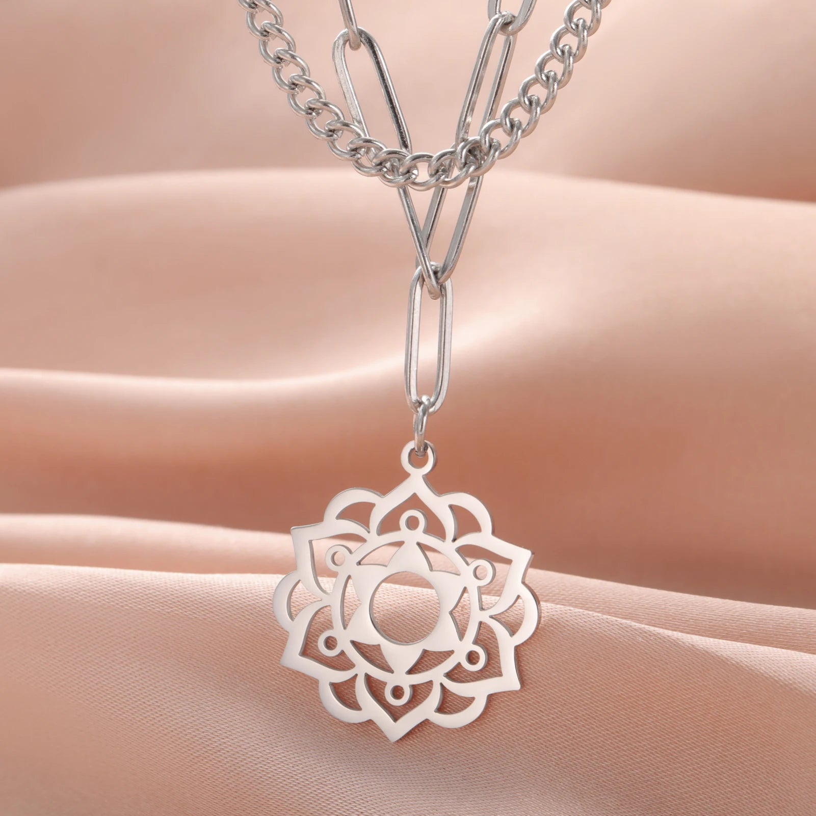 LIKGREAT Yoga Lotus Necklaces Stainless Steel Flower of Life Pendant Women Mandala Healing Buddha Spiritual Chakra Jewelry
