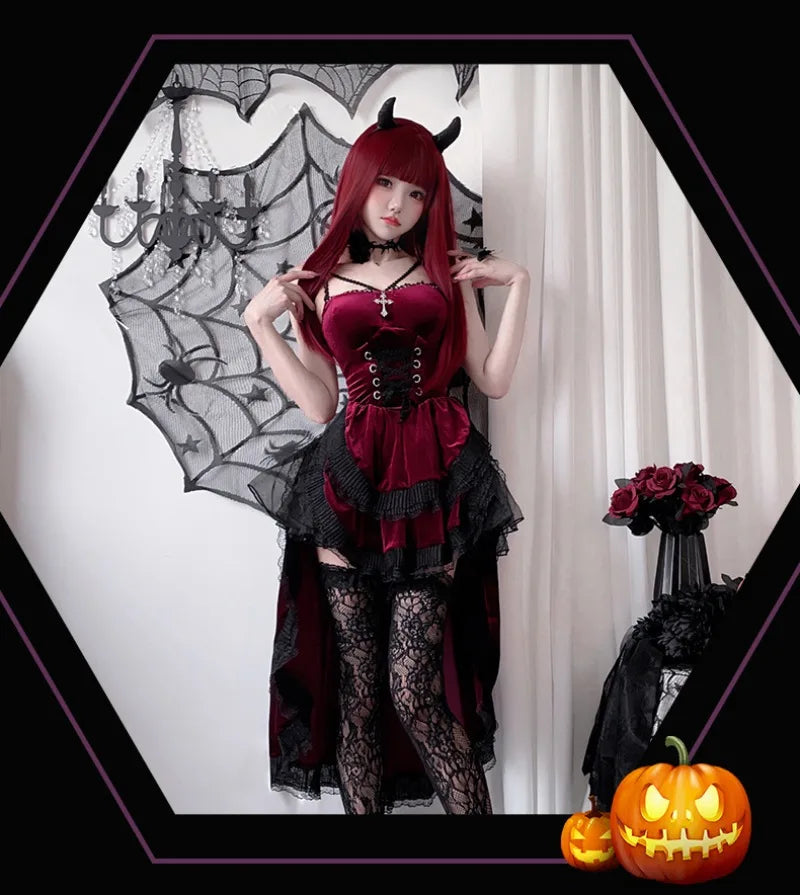 Cospaly Dark Gothic Halloween sexy lace dovetail halter dress Dovetail Witch Demon Vampire Ghost bridal dress - Charlie Dolly