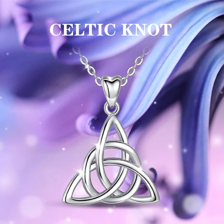 S925 Sterling Silver Celtic Knot Triangle Pendant Necklace, Purple CZ Sacred Geometry Amulet