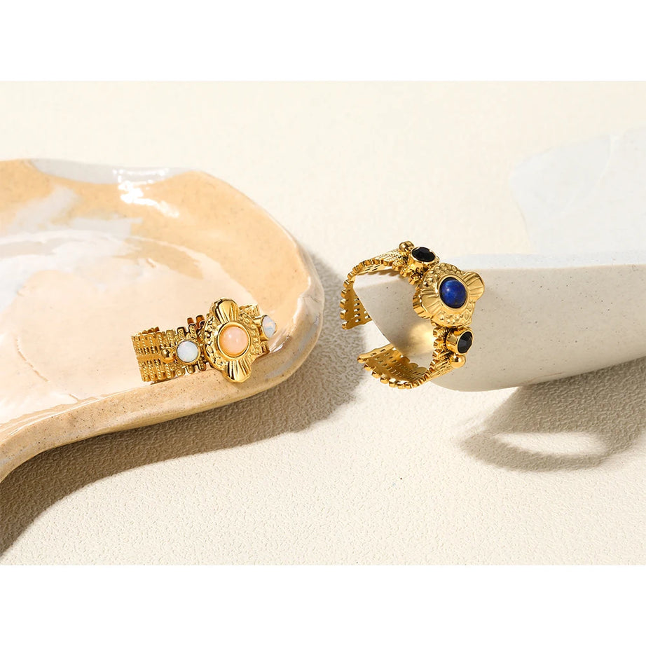 YACHAN Boho Vintage Stainless Steel Rings for Women Pink Natural Stone Lazurite 18K Gold Plated Aesthetic Trend Jewelry - Charlie Dolly