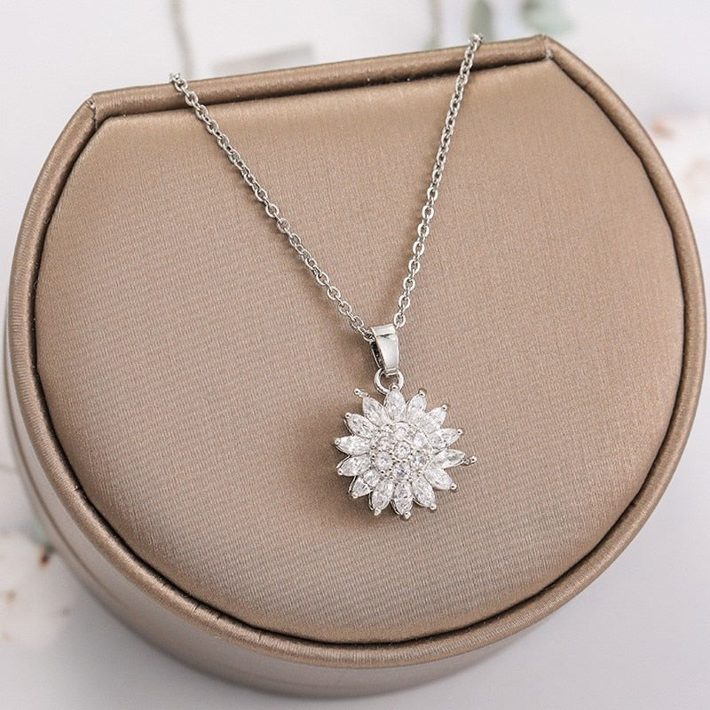 Stainless Steel Rotating Sunflower Pendant Necklace for Women Jewelry Luxury Fashion Zirconia Choker Necklaces - Charlie Dolly