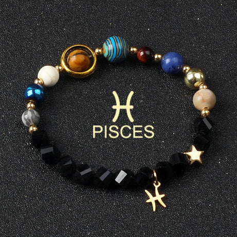 Eight Planets & Twelve Zodiac Beaded Bracelet, Natural Stone Cosmic Astrology Talisman