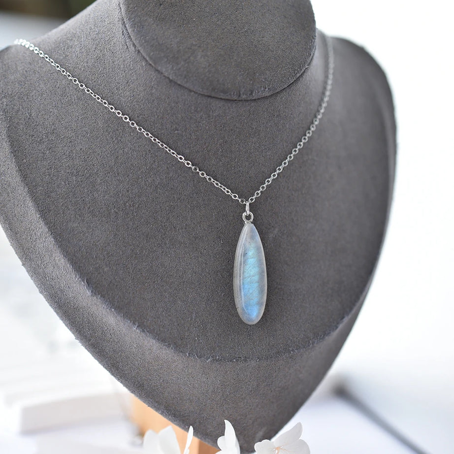 Labradorite Raw Crystal Teardrop Pendant Necklace, Moon Goddess Protection Stone