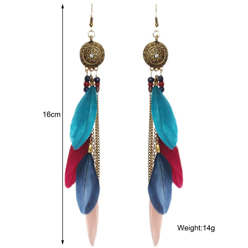 Trendy Bohemian Long Feather Drop Dangle Earrings For Women Crystal Flower Beads Handmade Wedding Vacation Boho Earrings Jewelry