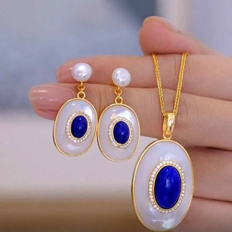 Designer new artificial fritillary lapis lazuli necklace vintage pearl earrings for women high quality silver jewelry sets - Charlie Dolly