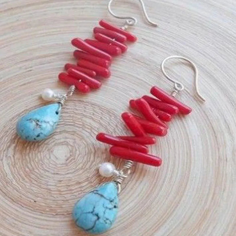 Handmade Coral Red Drop Earrings with Freshwater Pearl Lapis Lazuli Stone Women Jewelry