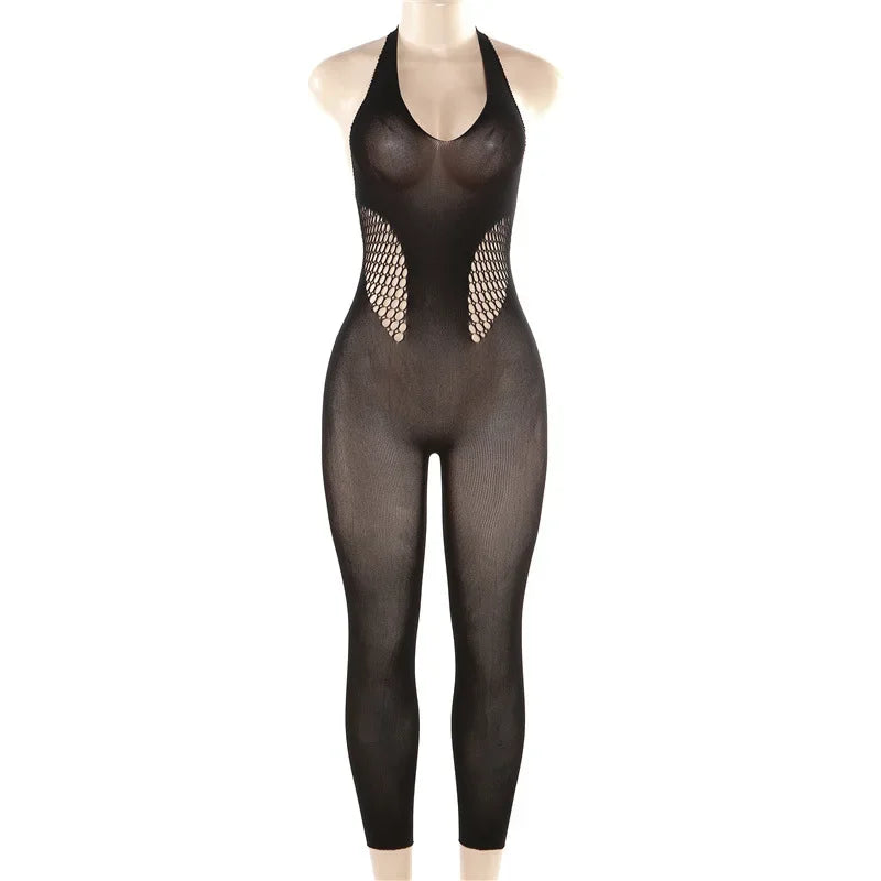High Stretch Hollow Out  Knitted Skinny Yoga Jumpsuits Women Sexy See Through V Neck Halter Backless Slim Club Overalls Lingerie - Charlie Dolly