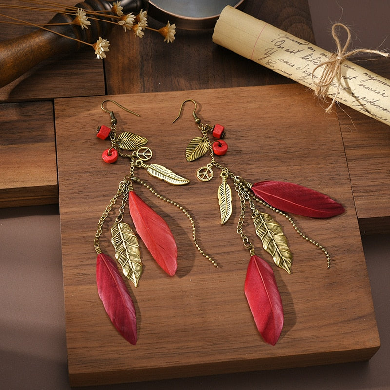 Fashion Earrings Bohemian Ethnic Style Leaf Earrings Jewelry Retro Long Tassel Colorful Feather Earrings Jewelry Gift - Charlie Dolly