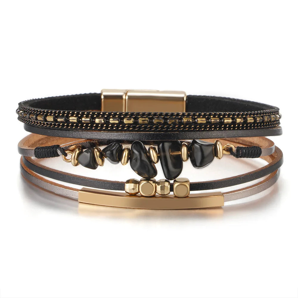 Boho Ethnic Leather Bracelet Irregular Natural Stone Beaded Cuff Bangle for Women Retro Layered Wristwear Hand Jewelry Accessory