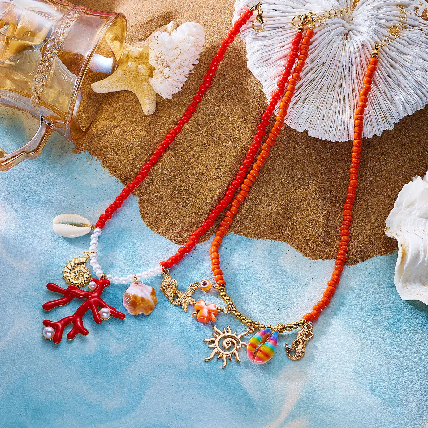 Coral, Starfish and Rice Bead Sun Boho Necklace, Earring or Ring