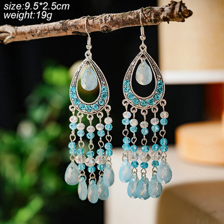 Blue Enamel Feather Crystal Long Earrings Jewelry