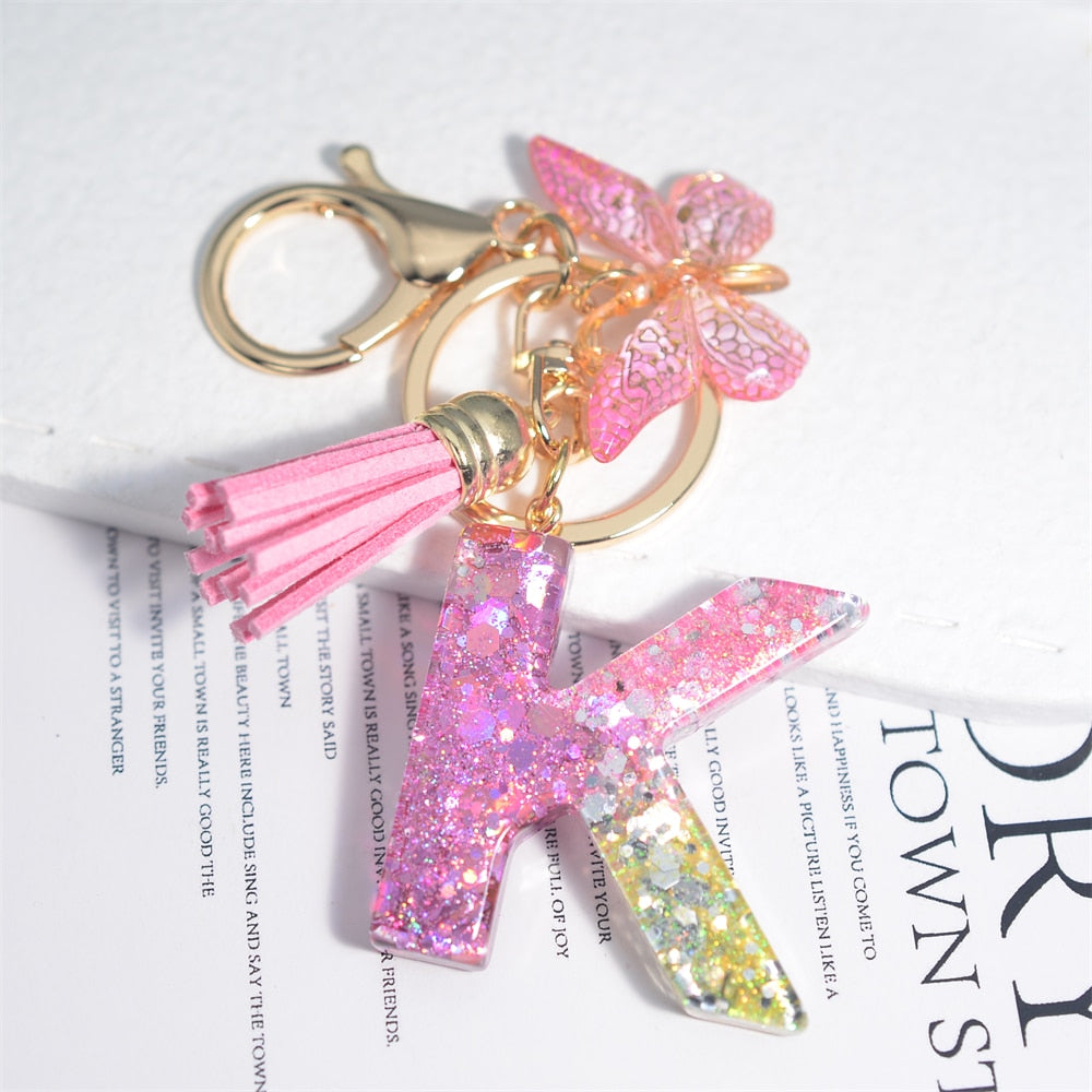 Cute Resin A-Z Initials Letter Keychain Pink Sparkle Butterfly Tassel Pendant Keyring for Women Girl Purse Handbags Jewelry Gift - Charlie Dolly