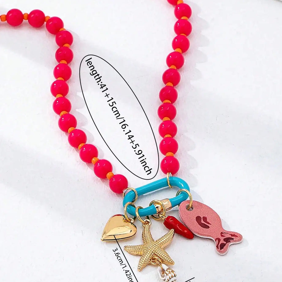 Fish Starfish Charm Resin Bead Layered Necklace Jewelry
