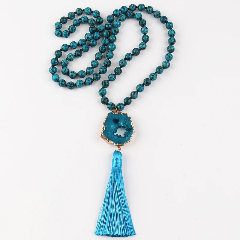 Knotted Druzy Stone Tassel Necklace Jewelry