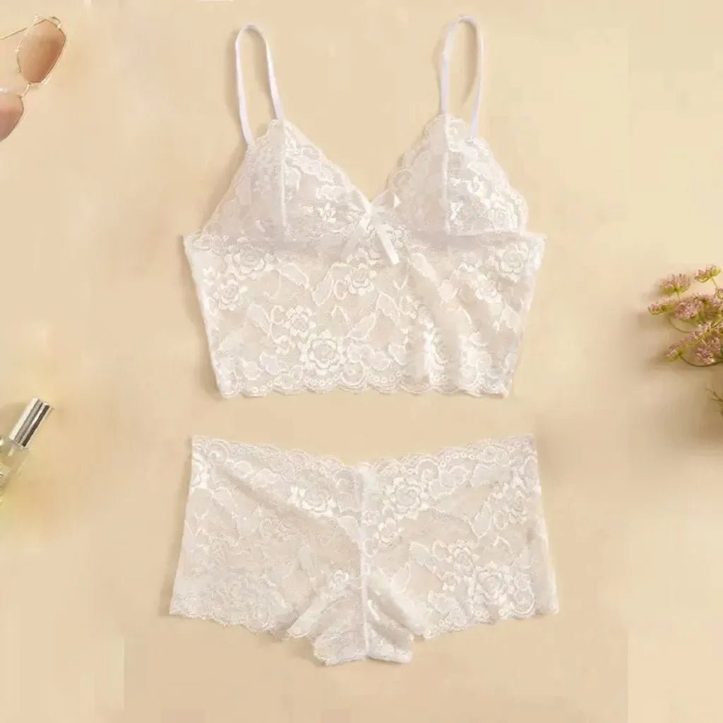 Sexy Women Lingerie Set Thin Lace Flower Printed Underwear Suit Female Adjustable Shoulder Underwear Sleepwear Briefs Set белье - Charlie Dolly