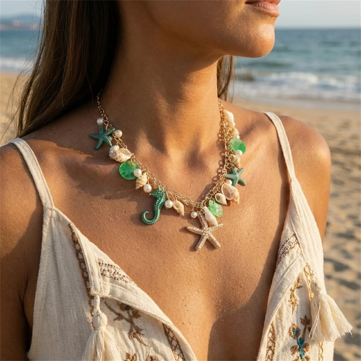 Starfish, Conch and Seahorse Exaggerated Chain Choker