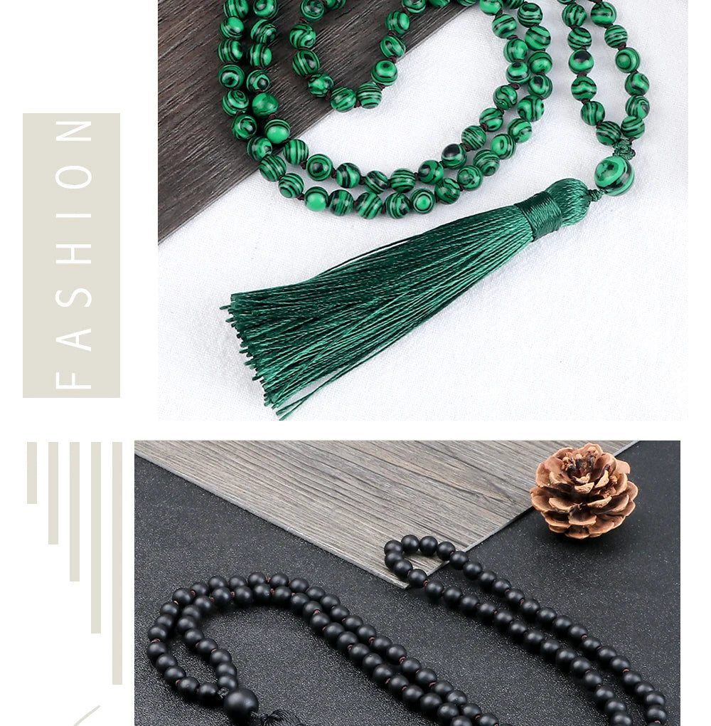 Men Natural Malachite Stones Necklaces Boho 108 Tiger Eye Beads Handmade Necklace with Tassel Yoga Medit Jewelry Gifts For Women