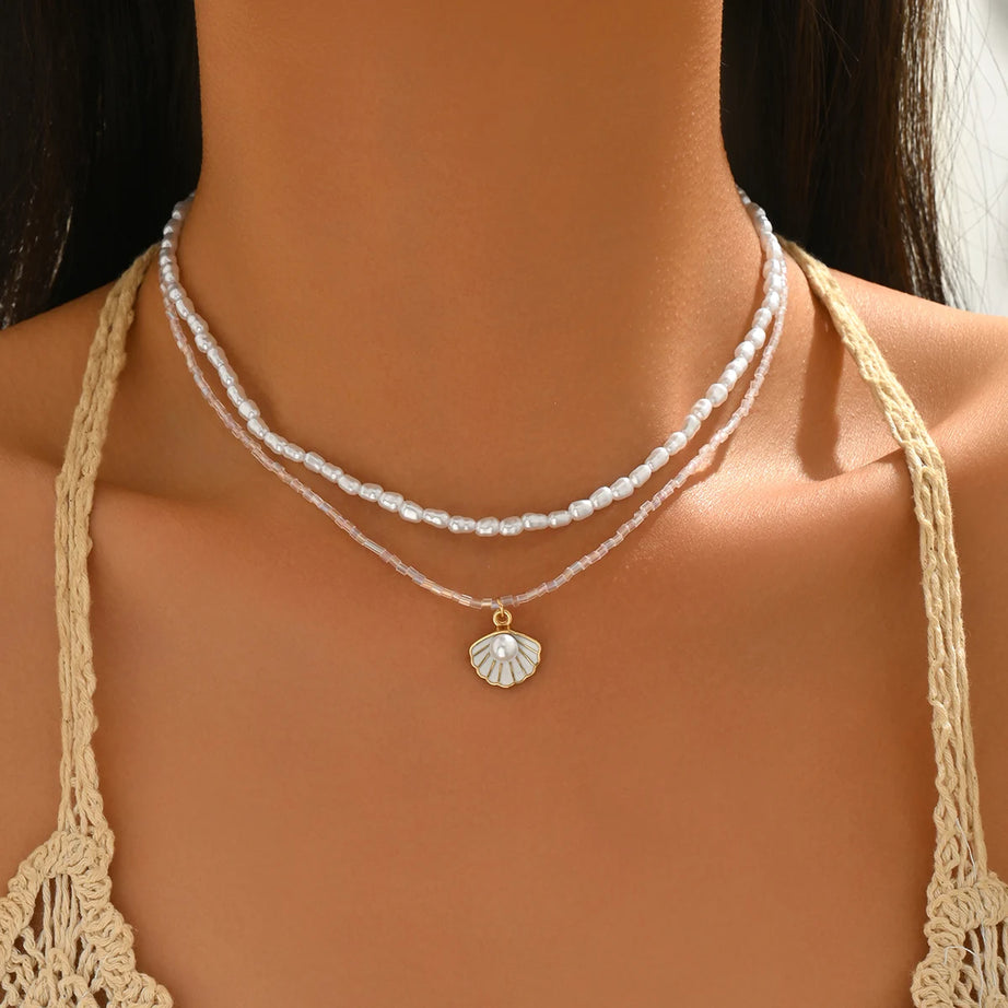 Glass Bead Pearl Shell Layered Necklace Set Jewelry