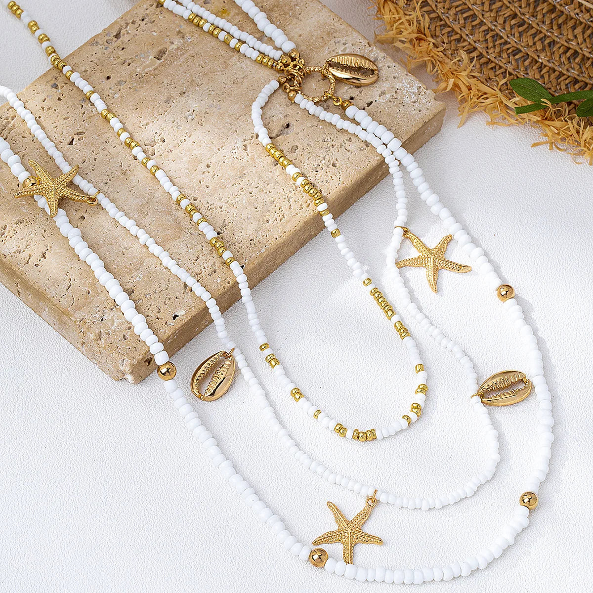 1pc Boho Multi Layer Waist Chain White Seed Bead Gold Starfish Cowrie Shell Body Belly Chain Summer Beach Bikini Body Jewelry Accessories for Women