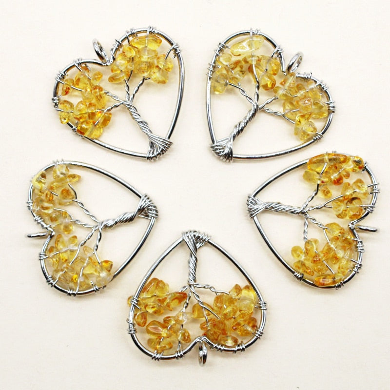 7 Chakra Natural Stone Tree of Life Pendant Necklace Handmade Heart Quartz Crystal Pendant DIY Accessories 10Pcs Wholesale - Charlie Dolly