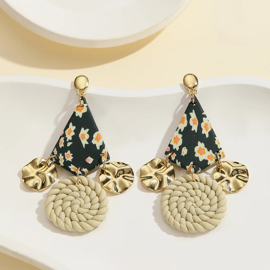 Floral Geometric Polymer Clay Statement Earrings Jewelry