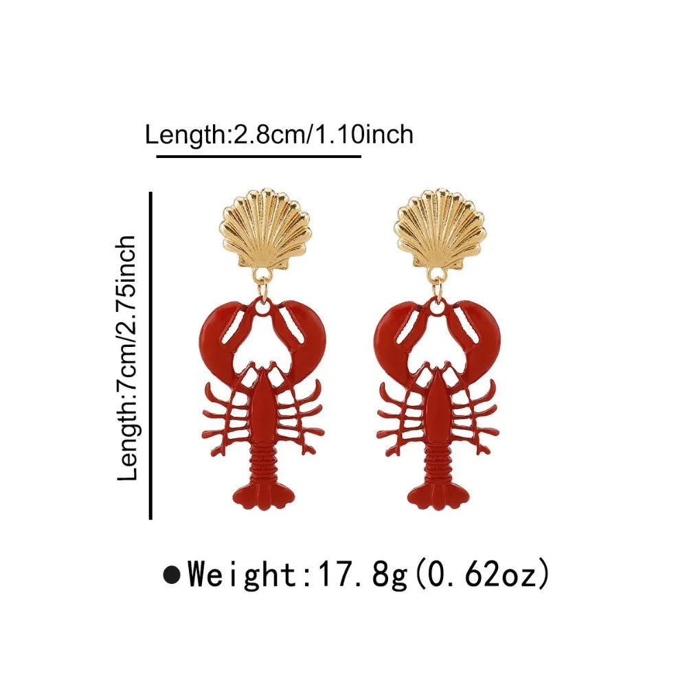 Boho Handmade Lobster Earrings Stone Beaded Enamel Necklace Lobster Metal Shells Earring for Women Summer Beach Popular Jewelry