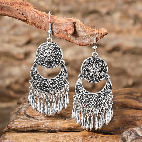 Antique Hollow Pattern Tassel Ethnic Earrings Jewelry