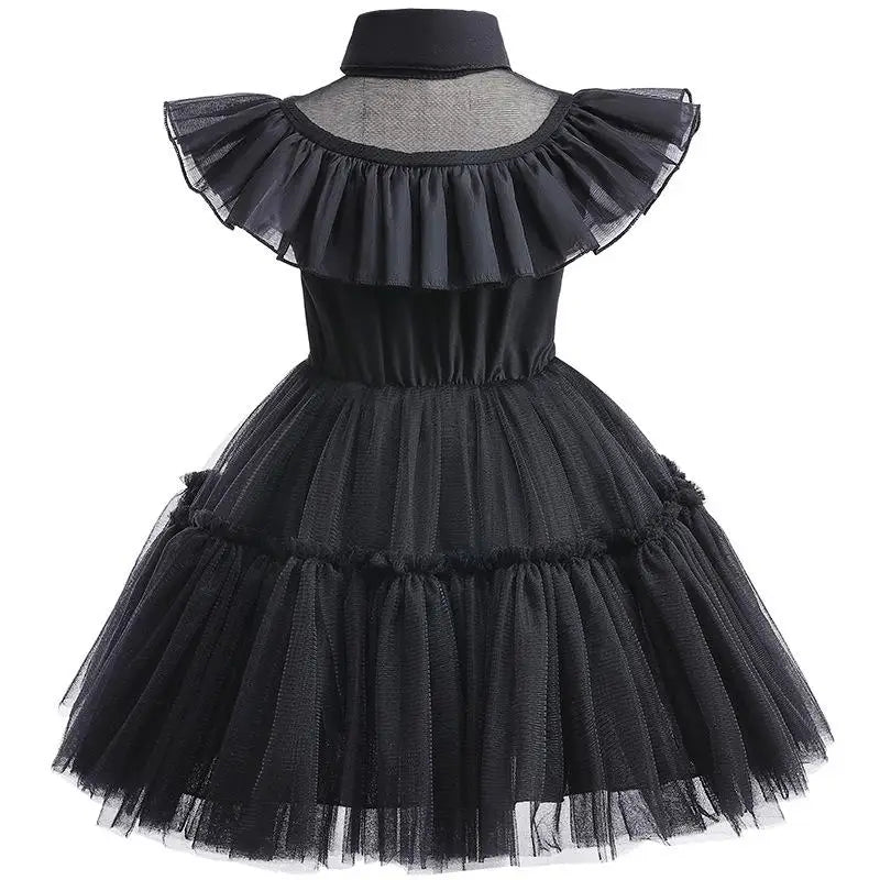 Wednesday Adams Children's Clothing Girls' New Mesh Flying Sleeves Solid Color Party Dress Halloween Gothic Style Cosplay Dress - Charlie Dolly