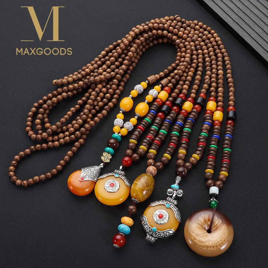Nepal Wood Bead Mala Pendant Necklace Jewelry