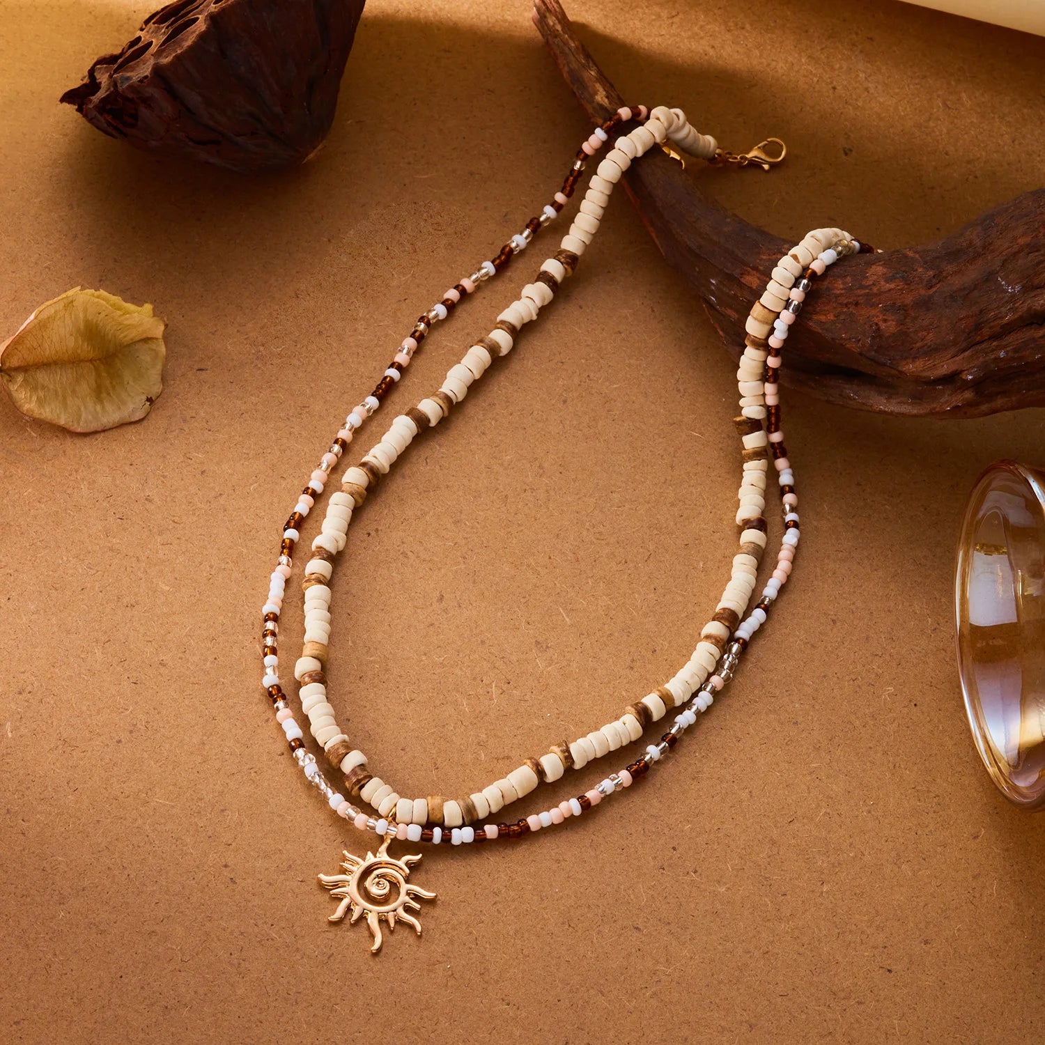 Sun Pendant Heishi Wood Bead Choker Necklace Jewelry