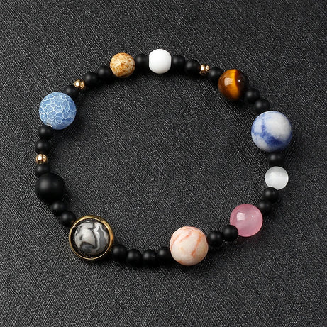 Nine Planets Solar System Beaded Bracelet, Natural Stone Galaxy Cosmic Talisman
