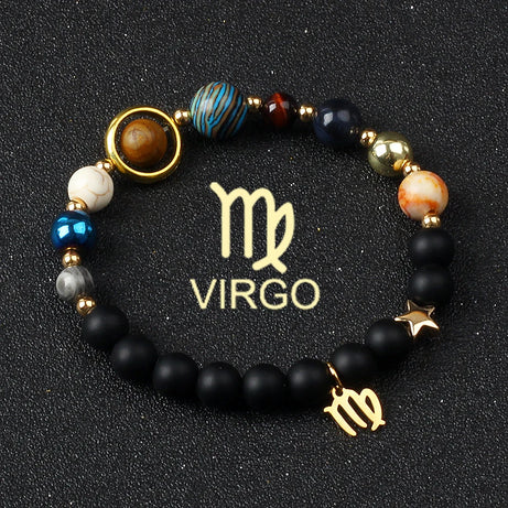 Eight Planets & Twelve Zodiac Beaded Bracelet, Natural Stone Cosmic Astrology Talisman