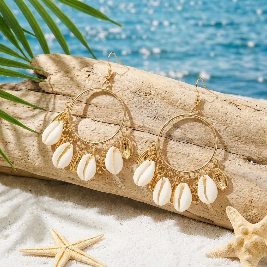 Boho Festival Statement Earrings for Women Gold Color Hoop Shell Chandelier Tassel Dangle Y2K Gypsy Beach Party Rave Jewelry
